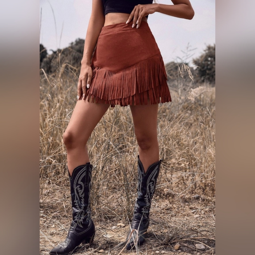 NWT ALTAR'D STATE Rusty Suede Farah Fringe Faux Mini Western Skirt Size S
